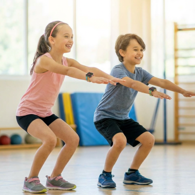 Kinder bei Squats in Turnhalle
